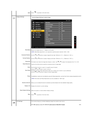 Page 25  Back   Touch   to go back to the main menu.
 
   
 
 
 Display Settings  
Wide Mode  
Horizontal Position  
Vertical Position  
Sharpness  
Noise Reduction  
Zoom  
Pixel Clock  
Phase  
Dynamic Contrast  
Display Info  
Reset Display  Settings  
Back   Use the Display Settings to adjust image. 
Adjusts the image ratio as 1:1, Aspect or full screen.  
 
NOTE:  Wide Mode adjustment is not required at optimal preset resolution 1920 x 1200.   
Use  the  and    buttons to adjust image left and right....