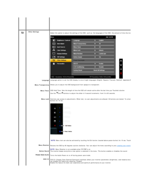 Page 27 
  Other Settings  
Language  
Menu Transparency  
Menu Timer  
Menu Lock  
Menu Rotation 
Button Sound  
Audio  
DDC/CI   Select this option to adjust the settings of the OSD, such as, the languages of the OSD, the amount of time the menu remains on screen, and so on. 
Language option to set the OSD display to one of eight languages (English, Espanol, Francais, Deutsch, Japanese,Brazilian Portuguese,Simplified Chinese,Russian).
Allows you  to adjust the OSD background from opaque to transparent.  
OSD...