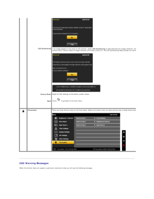 Page 28 
OSD Warning Messages    LCD Conditioning  
Factory Reset  
Back         
If an image appears to be stuck on the monitor, select  LCD Conditioning  to help eliminate any image retention. Using the LCD Conditioning feature may take 
several hours. Severe cases of image retention are known as burn - in, the LCD Conditioning feature does not remove burn
 
 
Touch  to go back to the main menu.
  Personalize     There are three shortcut keys on the front panel. Select one control menu for each shortcut key...