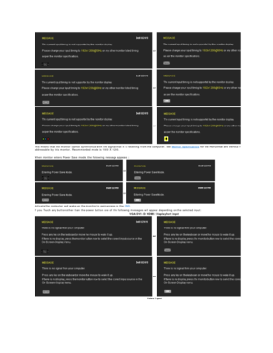 Page 29  or
or
or
This means that the monitor cannot synchronize with the signal that it is receiving from the computer. See  Monitor Specifications
addressable by this monitor. Recommended mode is  1920 X 1200.  
  or
or
Activate the computer and wake up the monitor to gain access to the  OSD .
If you Touch any button other than the power button one of the following messages will appear depending on the selected input:
VGA/DVI - D/HDMI/DisplayPort input    
or
or
Video Input    