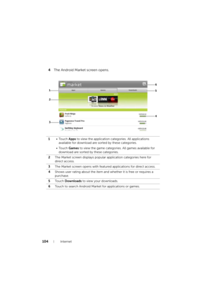 Page 104104Internet
4The Android Market screen opens.
1•Touch Apps to view the application categories. All applications 
available for download are sorted by these categories.
•Touch Games to view the game categories. All games available for 
download are sorted by these categories.
2The Market screen displays popular application categories here for 
direct access.
3The Market screen opens with featured applications for direct access.
4Shows user rating about the item and whether it is free or requires a...