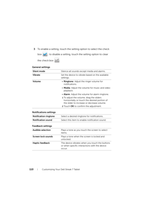 Page 110110Customizing Your Dell Streak 7 Tablet
3To enable a setting, touch the setting option to select the check 
box  ; to disable a setting, touch the setting option to clear 
the check box  .
General settings
Notifications settings
Feedback settings
Silent modeSilence all sounds except media and alarms.
VibrateSet the device to vibrate based on the available 
settings.
Volume•Ringtone: Adjust the ringer volume for 
notifications.
•Media: Adjust the volume for music and video 
playback.
•Alarm: Adjust the...