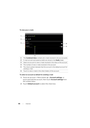 Page 6666Internet
To view your e-mails
To select an account as default for sending e-mail
1Touch an account→ Menu button → Account settings, or 
touch and hold the account, then touch Account settings from 
the context menu.
2To u c h  Default account to select the check box.
1The Combined Inbox contains all e-mails received in all your accounts.
2E-mail not sent and saved as drafts are stored in the Drafts folder.
3Select an account to view e-mails received in the inbox of the account.
4The number of new...