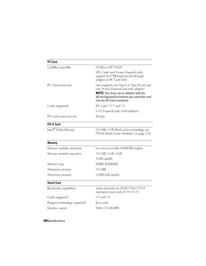Page 184184Specifications
PC Card
CardBus controller O2Micro OZ711EZ1
(PC Cards and 34-mm ExpressCards; 
support for USB ExpressCard through 
adapter in PC Card slot)
PC Card connector one (supports one Type I or Type II card and 
one 34-mm ExpressCard with adapter)
NOTE: You must use an adapter with the 
34-mm ExpressCard before you insert the card 
into the PC Card connector.
Cards supported PC Card: 3.3 V and 5 V
1.5-V ExpressCards (with adapter)
PC Card connector size 80 pins
PCI-E Card
Intel
® Turbo Memory...