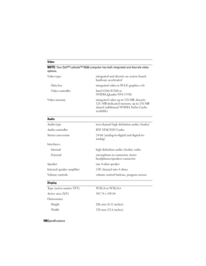 Page 186186Specifications
Video 
NOTE: Your Dell™ Latitude™ D630 computer has both integrated and discrete video 
options.
Video type: integrated and discrete on system board, 
hardware accelerated
Data busintegrated video or PCI-E graphics x16
Video controllerIntel GMA X3100 or 
NVIDIA Quadro NVS 135M
Video memory integrated video up to 128 MB, discrete 
128 -MB dedicated memory, up to 256 MB 
shared (additional NVIDIA Turbo Cache 
available)
Audio
Audio type two-channel high definition audio (Azalia) 
Audio...