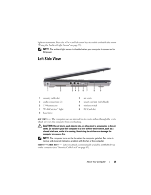 Page 25About Your Computer25
light environments. Press the  and left-arrow keys to enable or disable the sensor 
(Using the Ambient Light Sensor on page 55).
 
NOTE: The ambient light sensor is disabled when your computer is connected to 
AC power.
Left Side View
AIR VENTS—The computer uses an internal fan to create airflow through the vents, 
which prevents the computer from overheating.
 
CAUTION: Do not block, push objects into, or allow dust to accumulate in the air 
vents. Do not store your Dell computer...