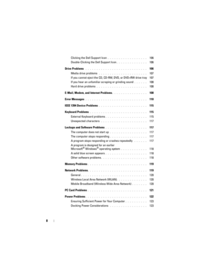 Page 88
Clicking the Dell Support Icon . . . . . . . . . . . . . . . . . .  106
Double-Clicking the Dell Support Icon
. . . . . . . . . . . . . .  106
Drive Problems
 . . . . . . . . . . . . . . . . . . . . . . . . . . . .  106
Media drive problems
 . . . . . . . . . . . . . . . . . . . . . .  107
If you cannot eject the CD, CD-RW, DVD, or DVD+RW drive tray
 107
If you hear an unfamiliar scraping or grinding sound
 . . . . . .  108
Hard drive problems
 . . . . . . . . . . . . . . . . . . . . . . .  108
E-Mail,...