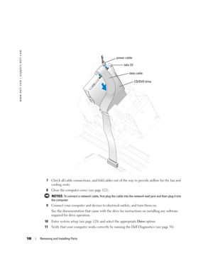 Page 108108Removing and Installing Parts
www.dell.com | support.dell.com
7Check all cable connections, and fold cables out of the way to provide airflow for the fan and 
cooling vents.
8Close the computer cover (see page 121).
 NOTICE: To connect a network cable, first plug the cable into the network wall jack and then plug it into 
the computer.
9Connect your computer and devices to electrical outlets, and turn them on.
See the documentation that came with the drive for instructions on installing any software...