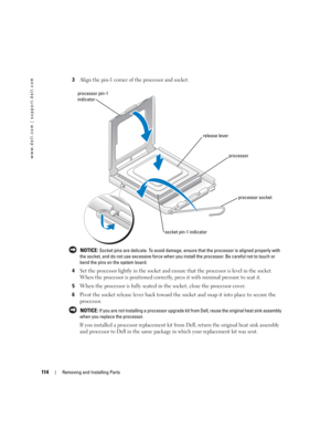 Page 114114Removing and Installing Parts
www.dell.com | support.dell.com
3Align the pin-1 corner of the processor and socket.
 NOTICE: Socket pins are delicate. To avoid damage, ensure that the processor is aligned properly with 
the socket, and do not use excessive force when you install the processor. Be careful not to touch or 
bend the pins on the system board.
4Set the processor lightly in the socket and ensure that the processor is level in the socket. 
When the processor is positioned correctly, press it...