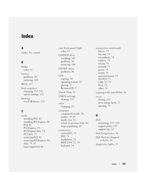 Page 157Index157
Index
A
audio. See sound
B
badge
color, 13
battery
problems, 39
replacing, 1 2 0
BIOS, 127
boot sequence
changing, 132-133
option settings, 132
booting
to a USB device, 1 3 2
C
cards
installing PCI, 8 2
installing PCI Express, 8 6
PCI, 82
PCI Express, 85
PCI Express slots, 7 4
PCI slots, 7 4
removing PCI, 8 4
removing PCI Express, 89
slots, 74, 81
types supported, 81case front-panel light
color, 13
CD/DVD drive
installing, 1 0 7
problems, 40
removing, 1 0 6
CD-RW drive
problems, 40
CDs
copying,...