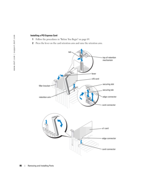 Page 8686Removing and Installing Parts
www.dell.com | support.dell.com
Installing a PCI Express Card
1Follow the procedures in Before You Begin on page 69.
2Press the lever on the card retention arm and raise the retention arm.
edge connector
card connector filler bracketretention arm
lever
securing tab
securing slot
edge connector
card connector
top of retention 
mechanism tab
x16 card
x1 card
D8659bk0.book  Page 86  Thursday, March 10, 2005  10:18 AM 