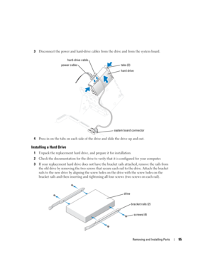 Page 95Removing and Installing Parts95
3Disconnect the power and hard-drive cables from the drive and from the system board.
4Press in on the tabs on each side of the drive and slide the drive up and out.
Installing a Hard Drive
1Unpack the replacement hard drive, and prepare it for installation.
2Check the documentation for the drive to verify that it is configured for your computer.
3If your replacement hard drive does not have the bracket rails attached, remove the rails from 
the old drive by removing the...