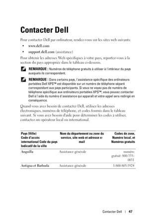 Page 127Contacter Dell47
Contacter Dell
Pour contacter Dell par ordinateur, rendez-vous sur les sites web suivants:
• www.dell.com
•support.dell.com (assistance)
Pour obtenir les adresses Web spécifiques à votre pays, reportez-vous à la 
section du pays appropriée dans le tableau ci-dessous. 
 REMARQUE : Numéros de téléphone gratuits à utiliser à lintérieur du pays 
auxquels ils correspondent.
 
REMARQUE : Dans certains pays, lassistance spécifique des ordinateurs 
portables Dell XPS™ est disponible sur un...