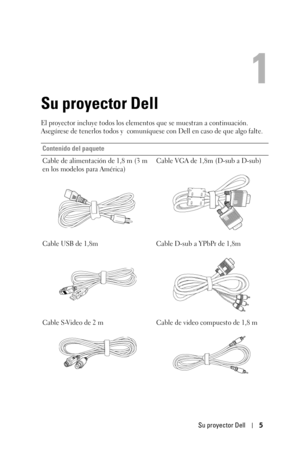 Page 173Su proyector Dell5
1
Su proyector Dell
El proyector incluye todos los elementos que se muestran a continuación. 
Asegúrese de tenerlos todos y  comuníquese con Dell en caso de que algo falte.
Contenido del paquete
Cable de alimentación de 1,8 m (3 m 
en los modelos para América)Cable VGA de 1,8m (D-sub a D-sub)
Cable USB de 1,8m Cable D-sub a YPbPr de 1,8m
Cable S-Video de 2 m Cable de video compuesto de 1,8 m 