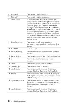 Page 19022Uso del proyector
6Página  Pulse para ir a la página anterior.
7Página  Pulse para ir a la página siguiente.
8Modo Video El Microproyector Dell 2400MP cuenta con 
configuraciones predefinidas optimizadas para la 
visualización de datos (gráficos de PC) o de video 
(películas, juegos, etc.). Pulse el botón Modo 
Vi d e o para alternar entre Modo PC, Modo Pelíc, 
Modo Juego, sRGB o Modo PERSONAL (donde 
el usuario puede configurar y guardar sus ajustes 
preferidos). Al pulsar el botón Modo Video una...