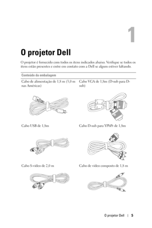 Page 261O projetor Dell5
1
O projetor Dell
O projetor é fornecido com todos os itens indicados abaixo. Verifique se todos os 
itens estão presentes e entre em contato com a Dell se algum estiver faltando. 
Conteúdo da embalagem
Cabo de alimentação de 1,8 m (3,0 m 
nas Américas)Cabo VGA de 1,8m (D-sub para D-
sub)
Cabo USB de 1,8m  Cabo D-sub para YPbPr de 1,8m 
Cabo S-vídeo de 2,0 m Cabo de vídeo composto de 1,8 m 