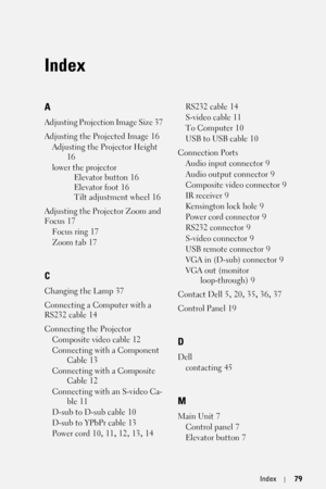 Page 79Index79
Index
A
Adjusting Projection Image Size 37
Adjusting the Projected Image
 16
Adjusting the Projector Height
 
16
lower the projector
Elevator button
 16
Elevator foot
 16
Tilt adjustment wheel
 16
Adjusting the Projector Zoom and 
Focus
 17
Focus ring
 17
Zoom tab
 17
C
Changing the Lamp 37
Connecting a Computer with a 
RS232 cable
 14
Connecting the Projector
Composite video cable
 12
Connecting with a Component 
Cable
 13
Connecting with a Composite 
Cable
 12
Connecting with an S-video Ca-...