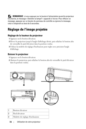 Page 9616Utilisation de votre projecteur
 REMARQUE : si vous appuyez sur le bouton dalimentation quand le projecteur 
fonctionne, le message « Eteindre la lampe? » apparaît à lécran. Pour effacer ce 
message, appuyez sur un bouton du panneau de contrôle ou ignorez le message; 
celui-ci disparaît au bout de 5 secondes. 
Réglage de limage projetée
Réglage de la hauteur du projecteur
1Appuyez sur le bouton élévateur. 
2Elevez le projecteur jusquà langle daffichage désiré, puis relâchez le bouton afin 
de...