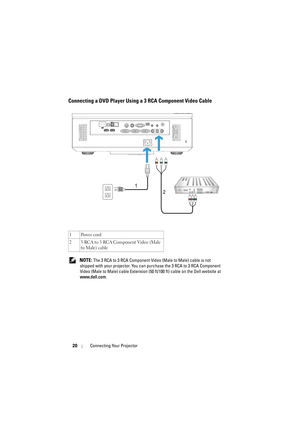 Page 2020Connecting Your Projector
Connecting a DVD Player Using a 3 RCA Component Video Cable
 NOTE: The 3 RCA to 3 RCA Component Video (Male to Male) cable is not 
shipped with your projector. You can purchase the 3 RCA to 3 RCA Component 
Video (Male to Male) cable Extension (50 ft/100 ft) cable on the Dell website at 
www.dell.com. 1Power cord
2 3 RCA to 3 RCA Component Video (Male 
to Male) cable
1
2 