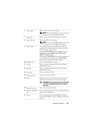 Page 33Using Your Projector33
6
Pa g e  u p  Press to move to the previous page.
 
NOTE: The Mini USB cable must be connected 
if you want to use the Page Up feature.
7
Mute Press to mute or un-mute the projector speaker.
8
Pa g e  d o w n  Press to move to the next page.
 
NOTE: The Mini USB cable must be connected 
if you want to use the Page Down feature.
9Video mode The projector has preset configurations that are 
optimized for displaying data (presentation slides) 
or video (movies, games, etc.).
Press...