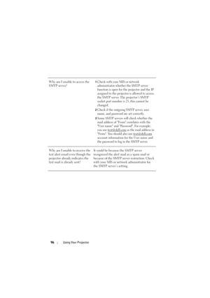 Page 9696Using Your Projector
Why am I unable to access the 
SMTP server?1Check with your MIS or network 
administrator whether the SMTP server 
function is open for the projector and the IP 
assigned to the projector is allowed to access 
the SMTP server. The projector’s SMTP 
socket port number is 25, this cannot be 
changed.
2Check if the outgoing SMTP server, user 
name, and password are set correctly.
3Some SMTP servers will check whether the 
mail address of From correlates with the 
User name and...
