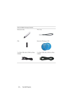 Page 88Your Dell Projector
Only for S500wi Package Contents
Interactive Pen
Wr i s t  s t r a p
Nib Interwrite Workspace CD
2 m Mini USB cable (USB-A to Mini 
USB-B) 5 m Mini USB cable (USB-A to Mini 
USB-B) 