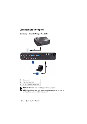 Page 1212Connecting Your Projector
Connecting to a Computer
Connecting a Computer Using a VGA Cable
 NOTE: The Mini USB cable is not shipped with your projector.
 
NOTE: The Mini USB cable must be connected if  you want to use the Page Up 
and Page Down features on the remote control.
1
Po w e r  c o rd
2 VGA to VGA cable
3 USB-A to Mini USB-B cable 