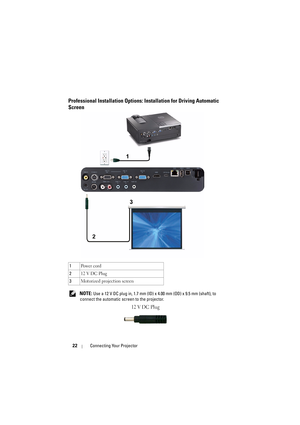 Page 2222Connecting Your Projector
Professional Installation Options:  Installation for Driving Automatic 
Screen
 NOTE: Use a 12 V DC plug in, 1.7 mm (ID)  x 4.00 mm (OD) x 9.5 mm (shaft), to 
connect the automatic screen to the projector.
12 V DC Plug
1 Po w e r  c o rd
2 12 V DC Plug
3 Motorized projection screen 