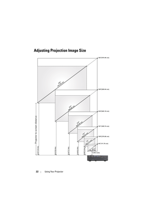 Page 2222Using Your Projector
Adjusting Projection Image Size
302
(767.08 cm)
272
(690.88 cm)
212
(538.48 cm)
151
(383.54 cm)
91
(231.14 cm)
36.3(92.20 cm)
362(919.48 cm)
326(828.04 cm)
254(645.16 cm)
181(459.74 cm)
109(276.86 cm)
44(111.76 cm)Projector to screen distance
32.81(10.0m)29.53(9.0m)22.97(7.0m)16.40(5.0m)9.84(3.0m)3.94(1.2m) 