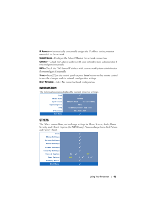 Page 41Using Your Projector41
IP ADDRESS—Automatically or manually assigns the IP address to the projector 
connected to the network.
S
UBNET MASK—Configure the Subnet Mask of the network connection.
G
ATEWAY—Check the Gateway address with your network/system administrator if 
you configure it manually.
DNS—Check the DNS Server IP address with your network/system administrator 
if you configure it manually.
S
TORE—Press   on the control panel or press Enter button on the remote control 
to save the changes made...