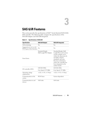 Page 17SAS 6/iR Features15
SAS 6/iR Features
This section provides the specifications of Dell™ Serial-Attached SCSI (SAS) 
6/iR controller. The following table compares the specifications of the 
SAS 6/iR Adapter and SAS 6/iR Integrated.
Table 3-1. Specifications of SAS 6/iR
Specification SAS 6/iR Adapter SAS 6/iR Integrated
SAS technology Yes Yes
Support for x4, x8, or x16 
PCI Express Host InterfaceYe s Ye s
Fo r m  Fa c t o rStandard-Height, 
Half-Length PCI AdapterStandard-Height, Half-
Length PCI on all...