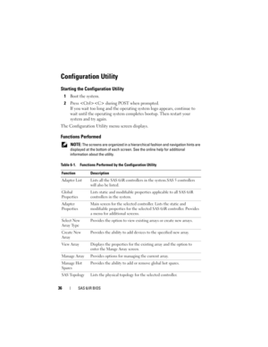 Page 3836SAS 6/iR BIOS
Configuration Utility
Starting the Configuration Utility
1Boot the system.
2Press  during POST when prompted.
If you wait too long and the operating system logo appears, continue to 
wait until the operating system completes bootup. Then restart your 
system and try again.
The Configuration Utility menu screen displays.
Functions Performed
 NOTE: The screens are organized in a hierarchical fashion and navigation hints are 
displayed at the bottom of each screen. See the online help for...