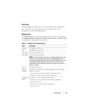 Page 43SAS 6/iR BIOS41
View Array
The View Array screen allows you to view the current array configuration.
Press  to view the next array. See the table above to view 
descriptions of each virtual disk property.
Manage Array
The Manage Array screen is used to manage the current array. The options 
are Manage Hotspares, Synchronize Mirror, Activate Array, and Delete Array. 
A confirmation is requested for each action.
Table 6-3. Manage Array Field Descriptions
Field Description
Identifier The identifier of the...