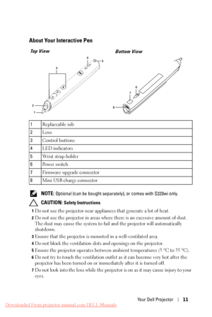 Page 11   
 
     
     
 
 
 
About Your Interactive Pen 
Top View  Bottom View 
1 
2  3 
4 
5 
6 
7 
8 
1  Replaceable nib 
2  Lens 
3  Control buttons 
4  LED indicators 
5  Wr i s t  s t r a p  h o l d e r 
6  Po w e r  s w i t c h 
7  Firmware upgrade connector 
8  Mini USB charge connector 
NOTE: Optional (can be bought separately), or comes with S320wi only. 
CAUTION: Safety Instructions 
1 Do not use the projector near appliances that generate a lot of heat. 
2 Do not use the projector in areas where...