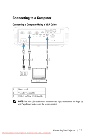 Page 17 
    
 
 
Connecting to a Computer 
Connecting a Computer Using a VGA Cable 
VGA-A IN 
VGA-OUT  VGA-B IN HDMI 
Audio-In  Audio-Out  Composite  S-Video 
Mini-USB RS232 RJ45
DOUSB
USB-A 
1  3 
MOLEX 
2 
1 Po w e r  c o rd 
2  VGA to VGA cable 
3  USB-A to Mini USB-B cable 
NOTE: The Mini USB cable must be connected if you want to use the Page Up 
and Page Down features on the remote control. 
Connecting Your Projector 17 
Downloaded From projector-manual.com DELL Manuals 