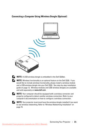 Page 21Connecting a Computer Using Wireless Dongle (Optional)
 NOTE: A USB wireless dongle is embedded in the Dell S320wi.
 
NOTE: Wireless functionality  is an optional feature on  the Dell S320.  If you 
would like to include wireless functiona lity, please install a wireless module 
and a USB wireless dongle into your De ll S320.  See step-by-step installation 
guide on page 13.  Wireless modules and USB wireless dongles are available 
and sold separately on  www.dell.com.
 
NOTE: Your computer should be...