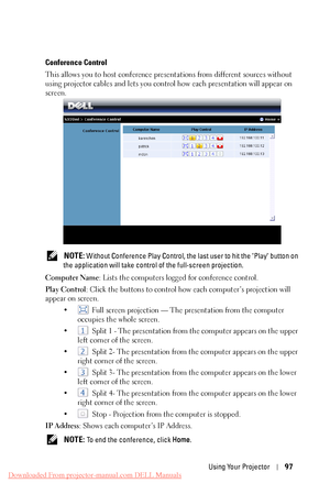 Page 97   
 
  
   
     
 
   
   
 
 
 
Conference Control 
This allows you to host conference presentations from different sources without 
using projector cables and lets you control how each presentation will appear on 
screen. 
NOTE: Without Conference Play Control, the last  user to hit the "Play" button on 
the application will take control of the full-screen projection. 
Computer Name : Lists the computers logged for conference control. 
Play Control : Click the buttons to control how each...