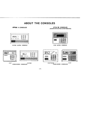 Page 7ABOUT THE CONSOLES
SIYLE A CONSOLESSTYLE B CONSOLES(SHOWN WITH KEYPAD COVER REMOVED)
5137AD ALPHA CONSOLE
uu
4127
4137AD6139 ALPHA CONSOLE
612716120
1IJ
6137
FIXED-WORD CONSOLESFIXED-WORD CONSOLES
-7- 