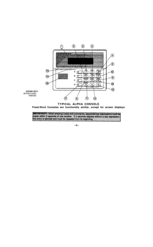Page 9Q1Q 0 Q
/
c9
/@
/70
-69
’ 100
‘0SHOWN WITHKEYPAD COVERREMOVED
TYPICAL ALPHA CONSOLE. .Fixed-Word Consoles are functionally similar, except for screen displays. 