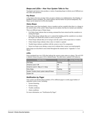 Page 13Concord  4 Series Security Systems3
Beeps and LEDs— How Your System Talks to You
Touchpads and interior sirens produce a variety of operating beeps to inform you of different sys-
tem states and operations.
Key Beeps
A Key beep is the tone you hear when you press a button on an alphanumeric, fixed display, or 
handheld wireless touchpad. The sound confirms that the button was pressed adequately. Key 
Beeps can be turned on or off by the installer.
Status Beeps
Status beeps come from touchpads, sirens or...