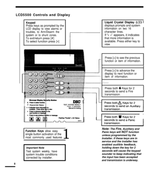 Page 9LCD5500 Controls and Display
I
Function Keys allow easy
1
displays prompts and system
4 Keys for 2
seconds to send a Fire 