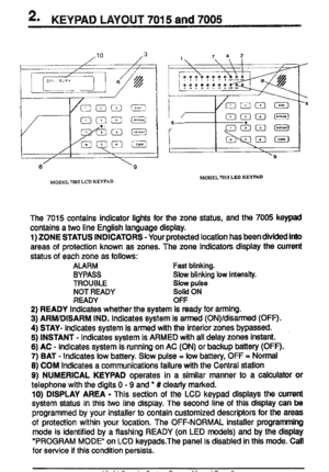 Page 5~.KEYPADLAYOUT7015and7005
m
MODEL7015LEDKEYPAD
The7015containsindicatortightsforthezonestatus,andthe7005keypad
containsatwohneEnghshlanguagedsplay.
1)ZONESTATUSINDICATORS-Yourprotectedlocationhasbeendwidedinfo
areasofprotectionknownaszones.Thezoneindicatorsdsplaythecurrent
statusofeachzoneasfollows:
ALARMFastb[nking.
BYPASSSlowbflnkingbwintensw.
TROUBLESlowpulse
NOTREADYSohdON
READYOFF
2)READYIndcateswhetherthesystemisreadyforarming.
3)ARWDISARMIND.Indicatessystemisarmed(ON)/dsarmsd(OF~....