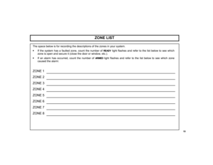 Page 1919 
The space below is for recording the descriptions of the zones in your system.  
•If the system has a faulted zone, count the number of 
READY
 light flashes and refer to the list below to see which 
zone is open and secure it (close the door or window, etc.). 
•If an alarm has occurred, count the number of 
ARMED
 light flashes and refer to the list below to see which zone 
caused the alarm: 
ZONE 1   
  
ZONE 2   
  
ZONE 3   
  
ZONE 4   
  
ZONE 5   
  
ZONE 6   
  
ZONE 7   
  
ZONE 8...