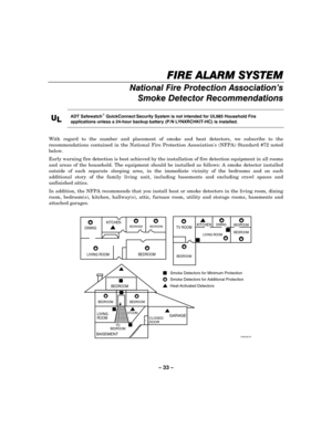 Page 33– 33 – 
FIRE ALARM SYSTEM
FIRE ALARM SYSTEMFIRE ALARM SYSTEM FIRE ALARM SYSTEM 
    
National Fire Protection Association’s 
Smoke Detector Recommendations 
 
U
UU U
L
LL L 
    
 
ADT Safewatch QuickConnect Security System is not intended for UL985 Household Fire 
applications unless a 24-hour backup battery (P/N LYNXRCHKIT-HC) is installed. 
 
With regard to the number and placement of smoke and heat detectors, we subscribe to the 
recommendations contained in the National Fire Protection Associations...