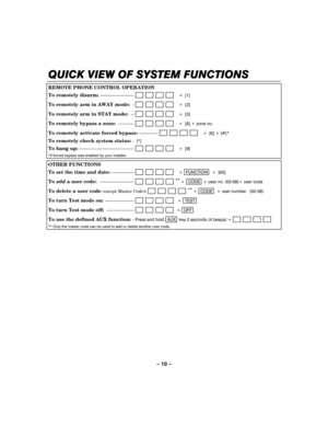 Page 10– 10 – 
QUICK VIEW OF SYSTEM FUNCTIONS
QUICK VIEW OF SYSTEM FUNCTIONSQUICK VIEW OF SYSTEM FUNCTIONS QUICK VIEW OF SYSTEM FUNCTIONS 
     
REMOTE PHONE CONTROL OPERATION  
To remotely disarm: ---------------------                          +  [1] 
To remotely arm in AWAY mode: -                          +  [2] 
To remotely arm in STAY mode: --                          +  [3] 
To remotely bypass a zone: ----------                          +  [6] + zone no. 
To remotely activate forced bypass: ------------...