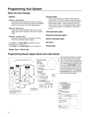 Page 109
Programming Your System 
Programming Decals (Upper Decal and Lower Decal)  
The programming decals are visible 
when you open the Control Panel 
cover. These decals are designed to 
make system programming easier for 
you. Always begin by choosing a but-
ton from the START MENU. Follow 
the voice prompts and flow arrows to 
complete the desired task. Notice the 
button flow diagrams under Instruc-
tion Summary to the right of the but-
tons and on the lower decal.
What You Can Change:
Options:
Option 01...