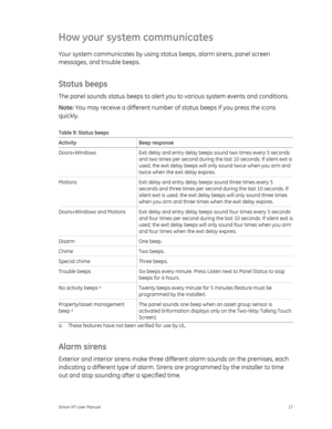 Page 21How your system communicates 
Your system communicates by using status beeps, alarm sirens, panel screen 
messages, and trouble beeps. 
Status beeps 
The panel sounds status beeps to alert you to various system events and conditions. 
Note:  You may receive a different number of  status beeps if you press the icons 
quickly. 
Table 9: Status beeps 
Activity Beep response 
Doors+Windows  Exit delay and entry delay beeps sound two times every 5 seconds 
and two times per second during the last 10 seconds....