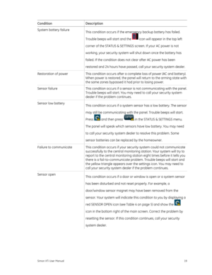 Page 23Condition Description 
System battery failure This condition occurs if the emergency backup battery has failed. 
Trouble beeps will start and the   icon will appear in the top left 
corner of the STATUS & SETTINGS screen. If your AC power is not 
working, your security system will shut down once the battery has 
failed. If the condition does not clear after AC power has been 
restored and 24 hours have passed, call your security system dealer. 
Restoration of power  This condition occurs after a complete...