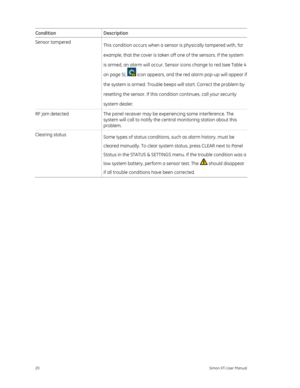 Page 24Condition Description 
Sensor tampered This condition occurs when a sensor is physically tampered with, for 
example, that the cover is taken off one of the sensors. If the system 
is armed, an alarm will occur. Sensor icons change to red (see  Table 4
 
on page 5),  icon appears, and the red alarm pop-up will appear if 
the system is armed. Trouble beeps will start. Correct the problem by 
resetting the sensor. If this condition continues, call your security 
system dealer. 
RF jam detected  The panel...
