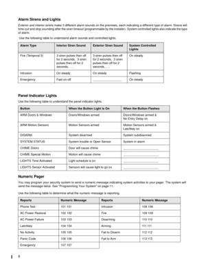 Page 66
Alarm Sirens and Lights
Exterior and interior sirens make 3 different alarm sounds on the premises, each indicating a different type of alarm. Sirens will 
time-out and stop sounding after the siren timeout (programmable by the installer). System controlled lights also indicate the type 
of alarm.
 Use the following table to understand alarm sounds and controlled lights.
Numeric Pager
You may program your security system to send a numeric message indicating system activities to your pager. The system...